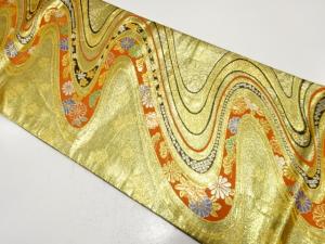 流水に草花模様織り出し　振袖用袋帯